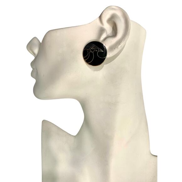 70s 80s LARGE Laurel Burch Celestial Birds Clip On Earrings | Black & Gold | 1" - Picture 4 of 6